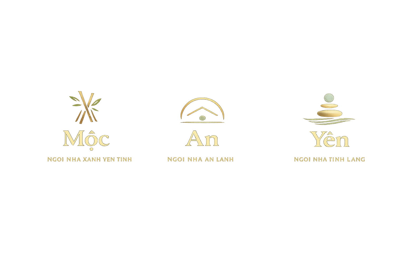Logo chính thức Mộc · An · Yên — line-art vàng khắc trên nền đồng
